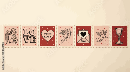 Vintage valentines card strip featuring love-themed illustrations and romantic icons on a beige parchment background