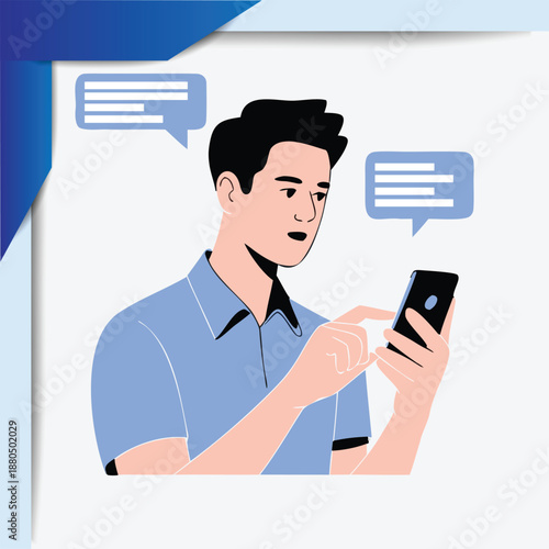 Vector illustration of a modern person actively engaged with a smartphone, handling digital communication and receiving messages, depicting an interactive lifestyle