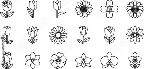 Flowers editable stroke outline icons set isolated flat vector illustration.
