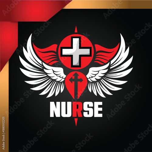 Empowering nurse emblem featuring a prominent medical cross, majestic wings, and a strong sword element, symbolizing dedication, protection, and vital healthcare services