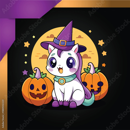Whimsical Halloween illustration featuring an adorable unicorn character dressed as a witch, happily sitting amidst glowing carved pumpkins and a full moon