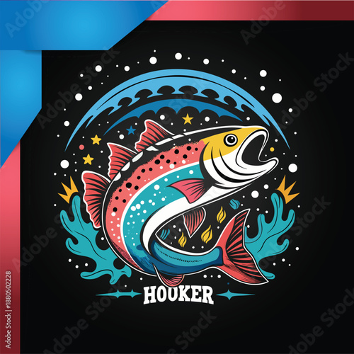 Vibrant Jumping Fish Illustration with Bubbles and Waves, Perfect for Fishing and Outdoor Enthusiasts