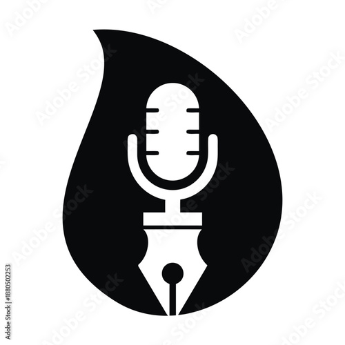 Microphone and fountain pen nib in a drop shape symbol  audio writing concept icon
