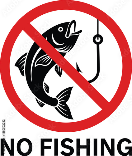 No fishing sign, black silhouette of fish and hook crossed out with red circle and line