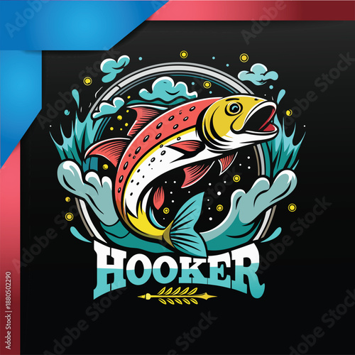 Vibrant graphic illustration of a leaping fish with dynamic water splashes. Ideal emblem for fishing, sports, and outdoor adventure branding, symbolizing the thrill of the catch