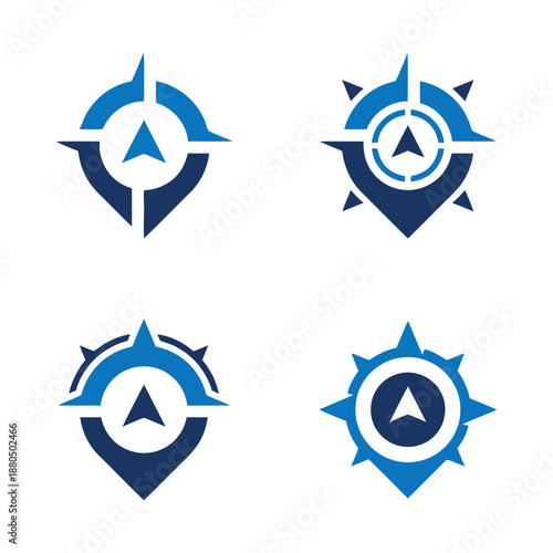 Set of four blue navigation compass direction icons with various designs on white background icon