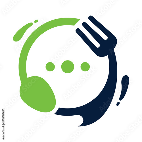 Green and blue fork and spoon with headset icon for food service support icon