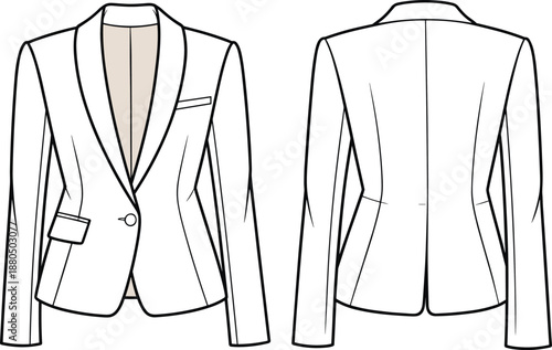 Women's tailored blazer flat sketch, single button suit jacket, technical fashion drawing, front and back view, vector illustration