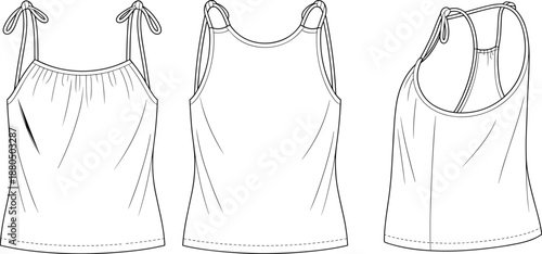 Women's tank top fashion flat, front back side views, sleeveless shirt vector template, clothing outline mockup, tied strap design