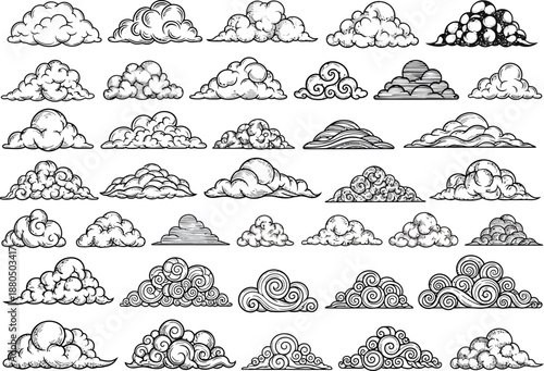 Vintage engraved sky clouds set featuring detailed etching and classical woodcut illustration style