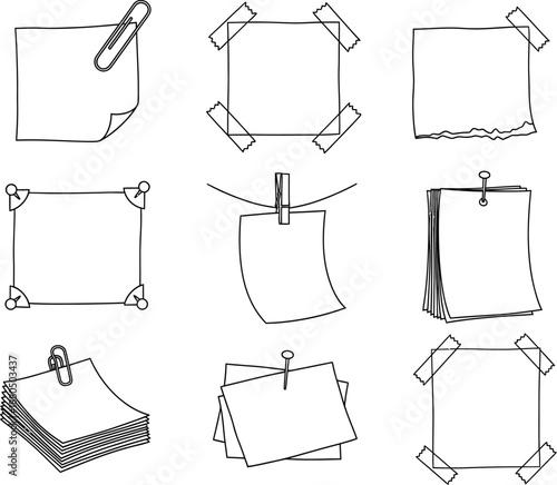 Set of minimalist paper note templates and photo frames with realistic clips and tape fasteners