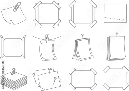 Blank photo frames and paper note templates with tape, clips, and pins for scrapbook design