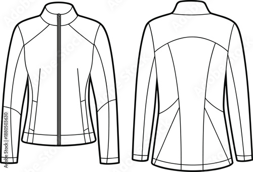 Women’s zip-up fitted jacket flat sketch, technical cad fashion drawing for outerwear or sportswear design, vector illustration template