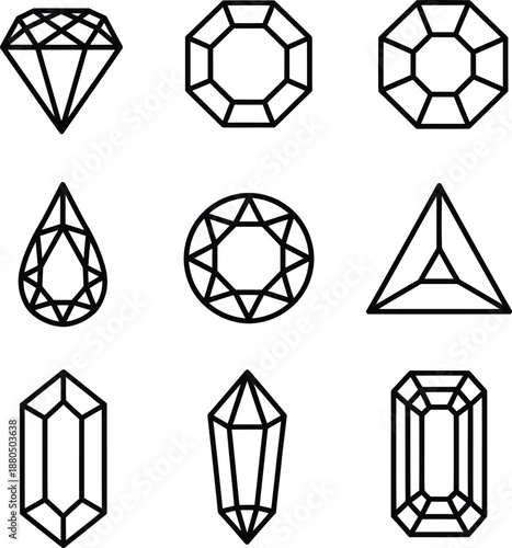 Minimalist Gemstone and Diamond Cut Icons, Geometric Jewelry Design Outlines for Luxury Branding and Fashion Graphics