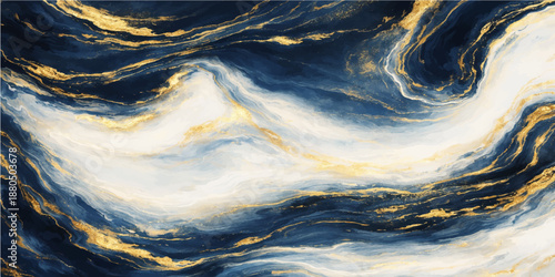 Abstract blue fabric texture with wavy patterns reflecting a beautiful summer ocean landscape and cloudscape under a bright horizon light