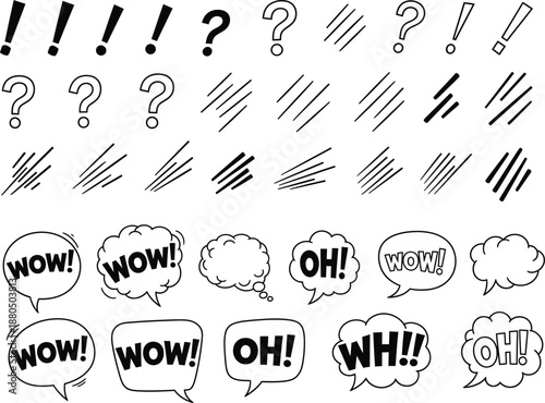Hand-Drawn Comic Speech Bubbles and Punctuation Set Featuring Wow and Oh Expressions