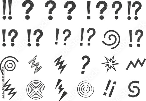 Set of Hand-Drawn Charcoal Style Punctuation Marks Lightning Bolts and Spirals for Creative Design