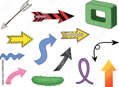 Whimsical collection of hand-drawn arrows in various colors and styles featuring a green cucumber and purple ribbon doodle