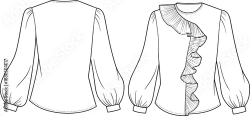 Women's blouse fashion flat sketch, ruffle front detail, puff sleeve top design, technical vector template, CAD drawing, stylish illustration