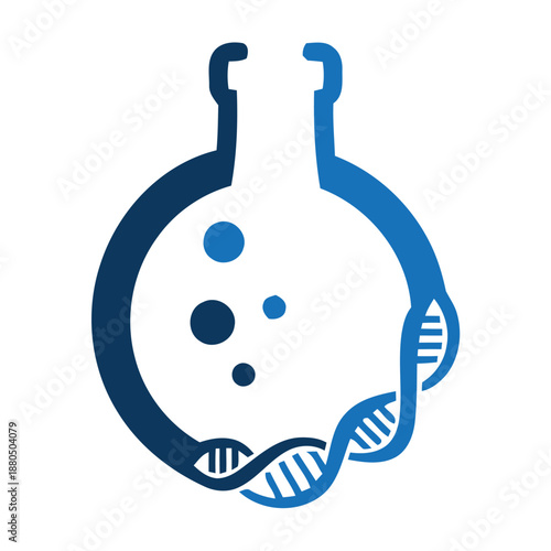 Blue gradient illustration of DNA helix in a beaker for science or genetics concept icon