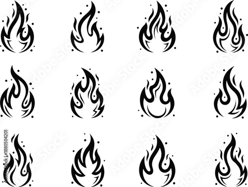 Collection of twelve black and white stylized flame icons, tribal fire design elements for logo creation, tattoo art, and graphic design symbols isolated on white background