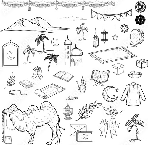 Collection with Islamic and Ramadan themes including crescent moon, palm tree and mosque, mosque, lanterns, rosary and Quran. Vector illustration. Set of silhouettes on a white background