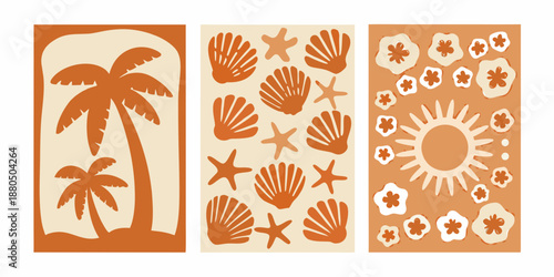 orange and beige beach themed illustrations of palm trees seashells and sunflowers