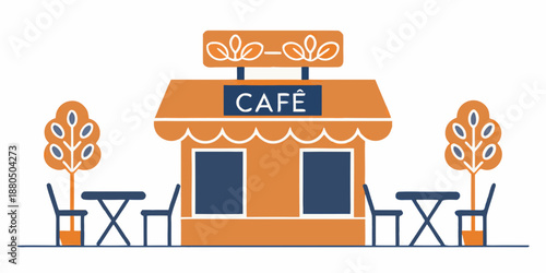 a small orange cafe with tables and trees