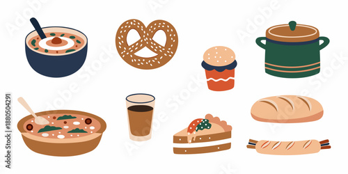 a colorful illustration of various traditional german foods and drinks
