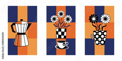 a set of three colorful illustrations of coffee and flowers
