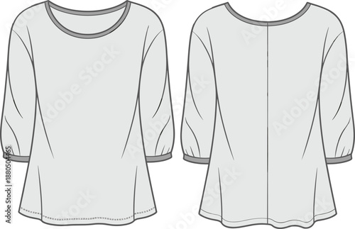 Women's casual blouse with three-quarter sleeves, round neckline, relaxed fit, lightweight fabric, comfortable top, everyday wear, fashion apparel, cad drawing flat vector illustration