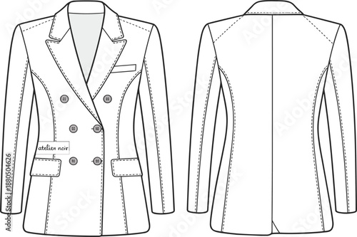 Women's double breasted blazer, fashion cad flat sketch, technical jacket drawing, front and back view, vector illustration, formal wear design