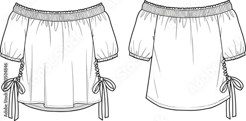 Women's off shoulder blouse, vector fashion sketch, technical drawing, summer top template, gathered sleeve blouse, ruched tie sides