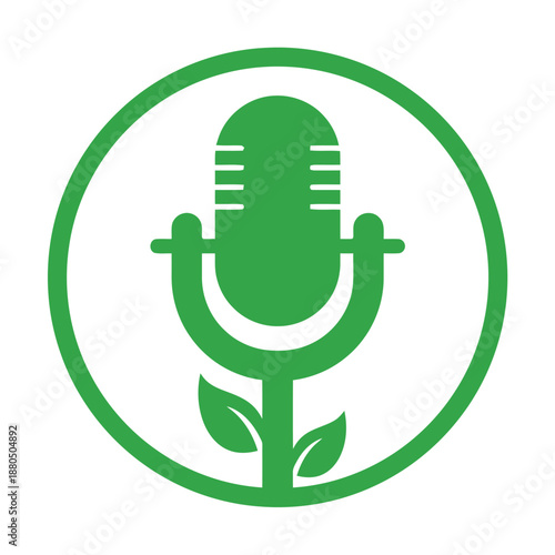 Green microphone logo with leafy plant stem and circular frame icon icon