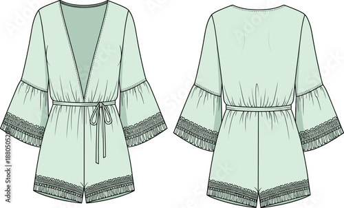 Women's romper with lace trim and tie waist, flat fashion cad sketch, front and back view, stylish technical vector drawing