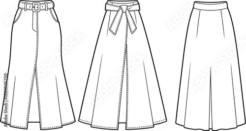Women's skirt fashion flat sketch collection, A-line and flared skirt designs with belts and panels, CAD drawing flat vector illustration