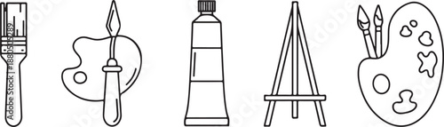 Art Supplies Collection: Brush, Palette Knife, Paint Tube, Easel, and Brushes Isolated on White Background