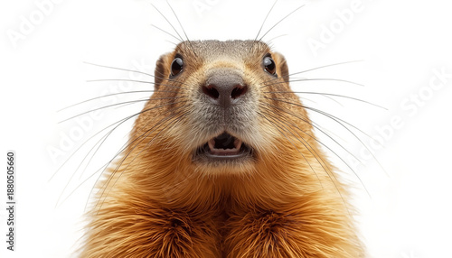 A close-up portrait of a groundhog with a surprised expression on transparent background