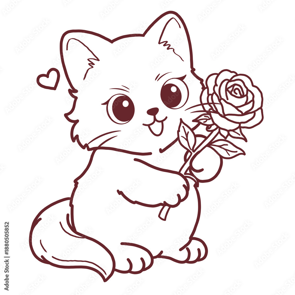 Obraz premium Cute Siamese Ragdoll cat giving a single red rose flower as a gift outline