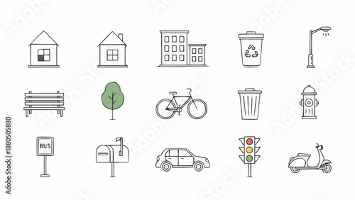 Urban City Elements Collection Simple Line Icons.