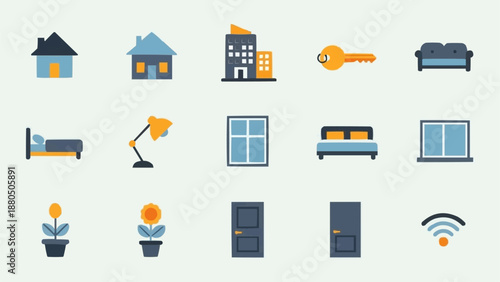 Collection of modern flat design icons representing home and real estate elements.