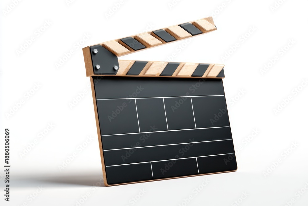 Fototapeta premium Vintage movie clapper board stands isolated on a white background, offering a classic touch for film enthusiasts and creatives