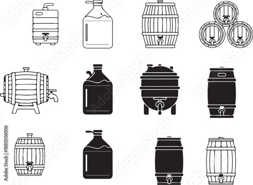 Beverage Fermentation Vessels and Barrels Collection Icon Set Isolated on white background