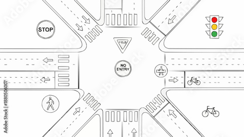 Complex City Intersection with Traffic Signals and Road Signs.