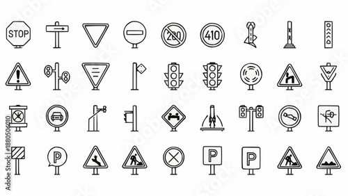 Collection of Road Signs and Traffic Signals Icons.