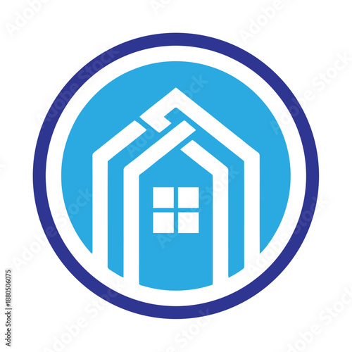Blue and white house icon in a circle symbolizing home and shelter services online icon