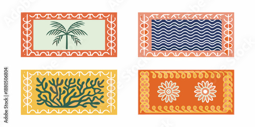 four different colorful rug designs with unique patterns and borders