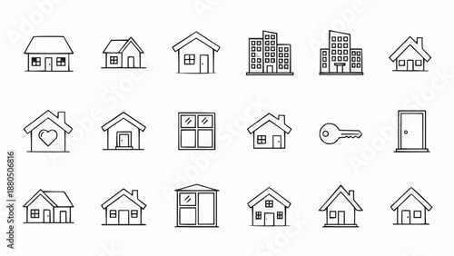 Collection of Hand Drawn House Icons and Building Symbols.
