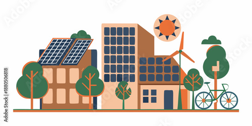 Eco friendly cityscape with solar panels and wind turbine