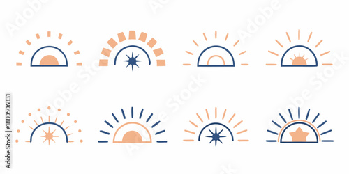 Collection of eight unique semi circular icons with various line and shape designs